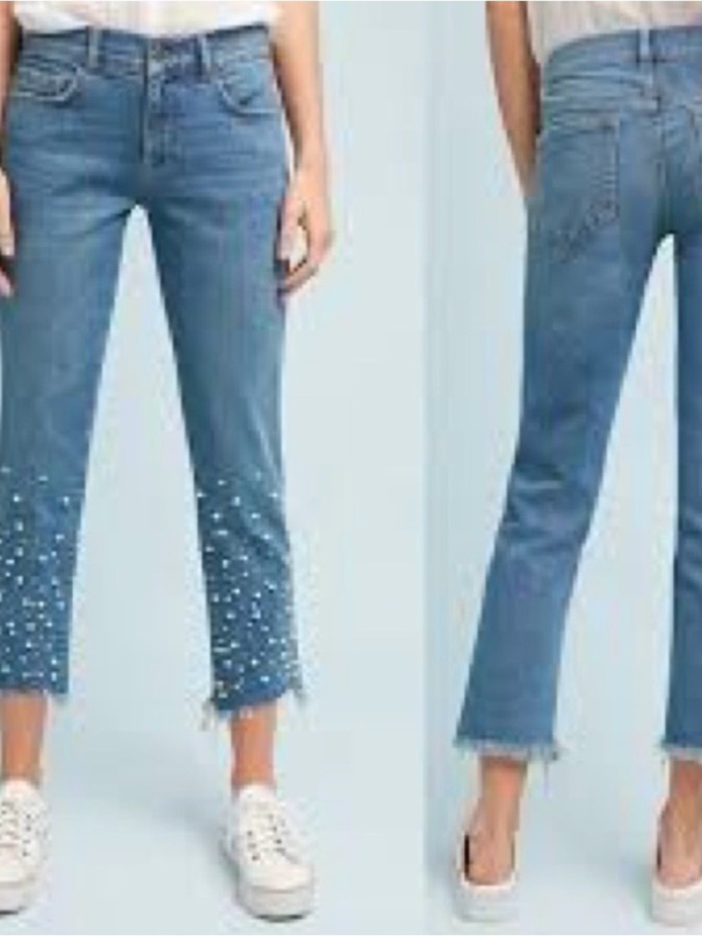Pilcro and the Letterpress Light Blue Cropped Pearl-Embellished Jeans